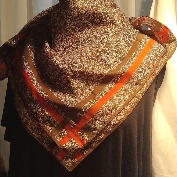 Vintage Desco Scarf Square Brown Cream 100% Silk Floral Striped 27" - Picture 3 of 4